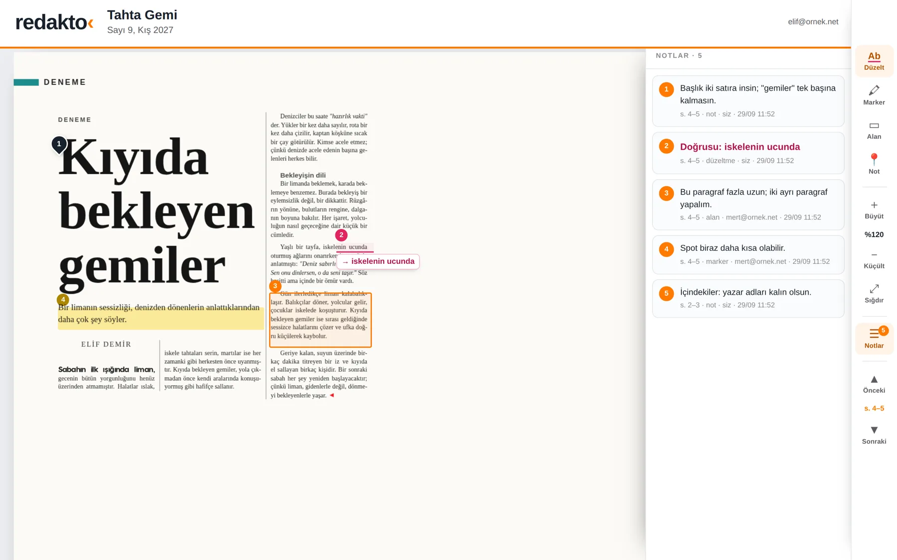 İnceleme notları listesi: her not sayfasıyla, yazarıyla ve saatiyle.