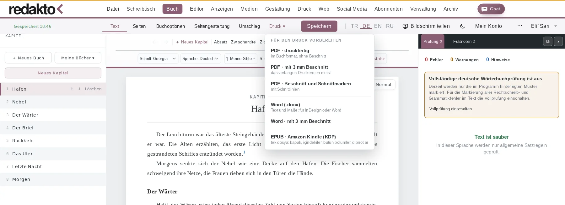 Druckmenü: druckfertiges PDF (mit Beschnitt, mit Schnittmarken), Word und EPUB für Amazon Kindle.
