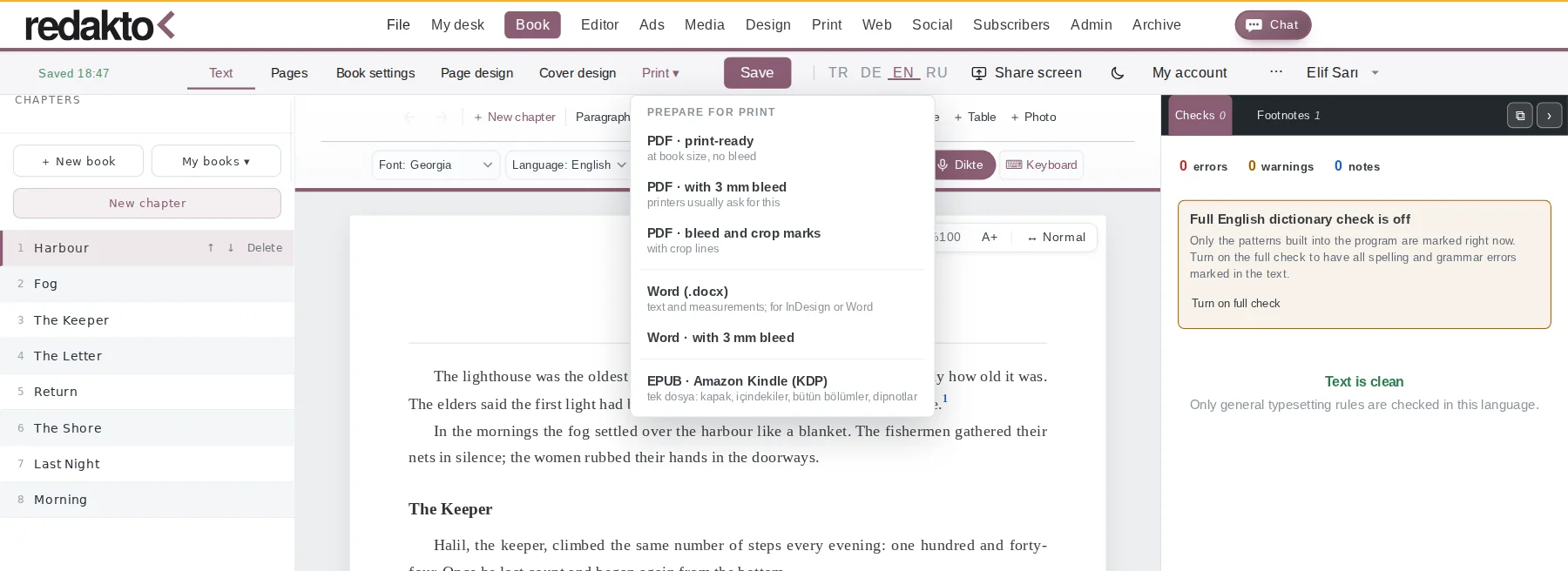 Print menu: print-ready PDF (with bleed, with crop marks), Word, and EPUB for Amazon Kindle.