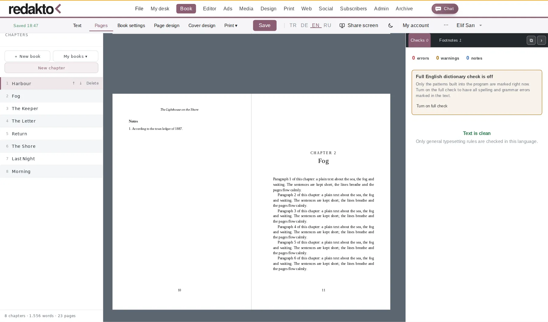 Page view: facing pages with running heads, page numbers, hyphenation and chapter-end notes, set as in print.