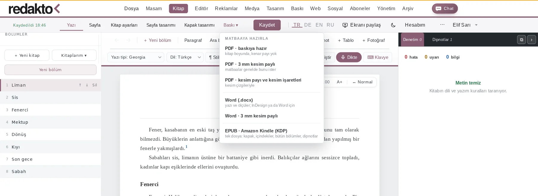 Baskı menüsü: matbaaya hazır PDF (kesim paylı, kesim işaretli), Word ve Amazon Kindle için EPUB.