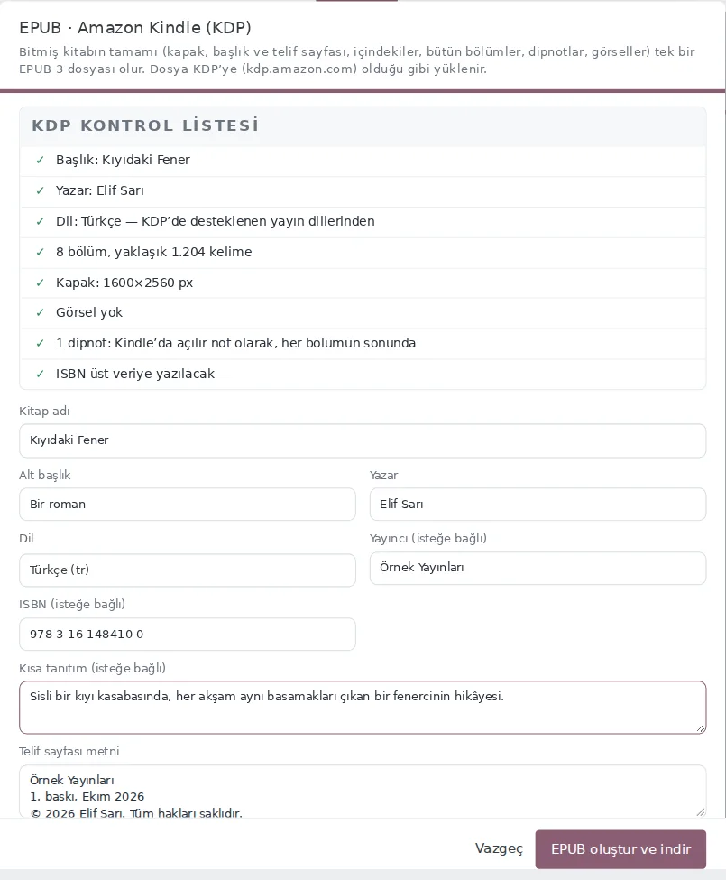 KDP kontrol listesi ve EPUB penceresi: başlık, yazar, dil, kapak, yayıncı, ISBN ve tanıtım.
