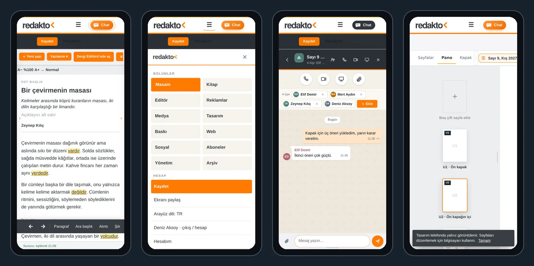 Telefonda Redakto: Masam, ☰ menü, Chat ve Tasarım’ın görüntüleme kipi.