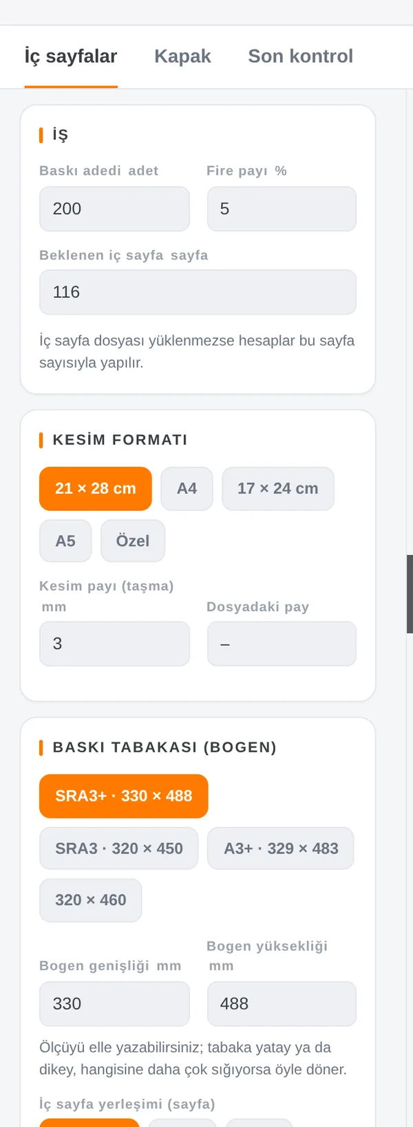 Baskı modülü: iş, kesim formatı ve baskı tabakası ayarları.