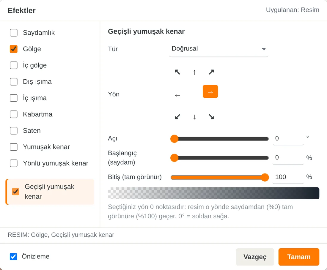 Efektler penceresi: küçük ve serbest taşınır; burada geçişli yumuşak kenar ayarları.
