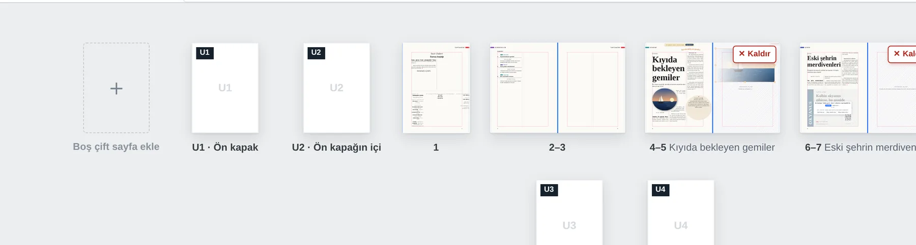 Pano: bütün sayı; başta sade “Boş çift sayfa ekle” kutusu.