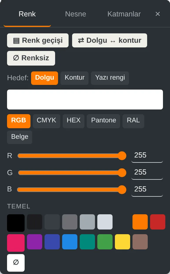 Renk penceresi: RGB, CMYK, HEX, Pantone, RAL; renk geçişi, dolgu ↔ kontur, renksiz.