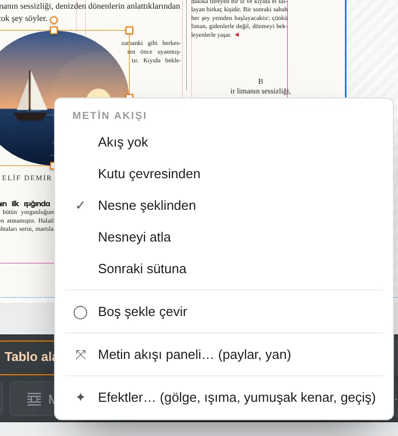 Sağ tık: metin akışı biçimleri, şekli alana çevirme ve Efektler.