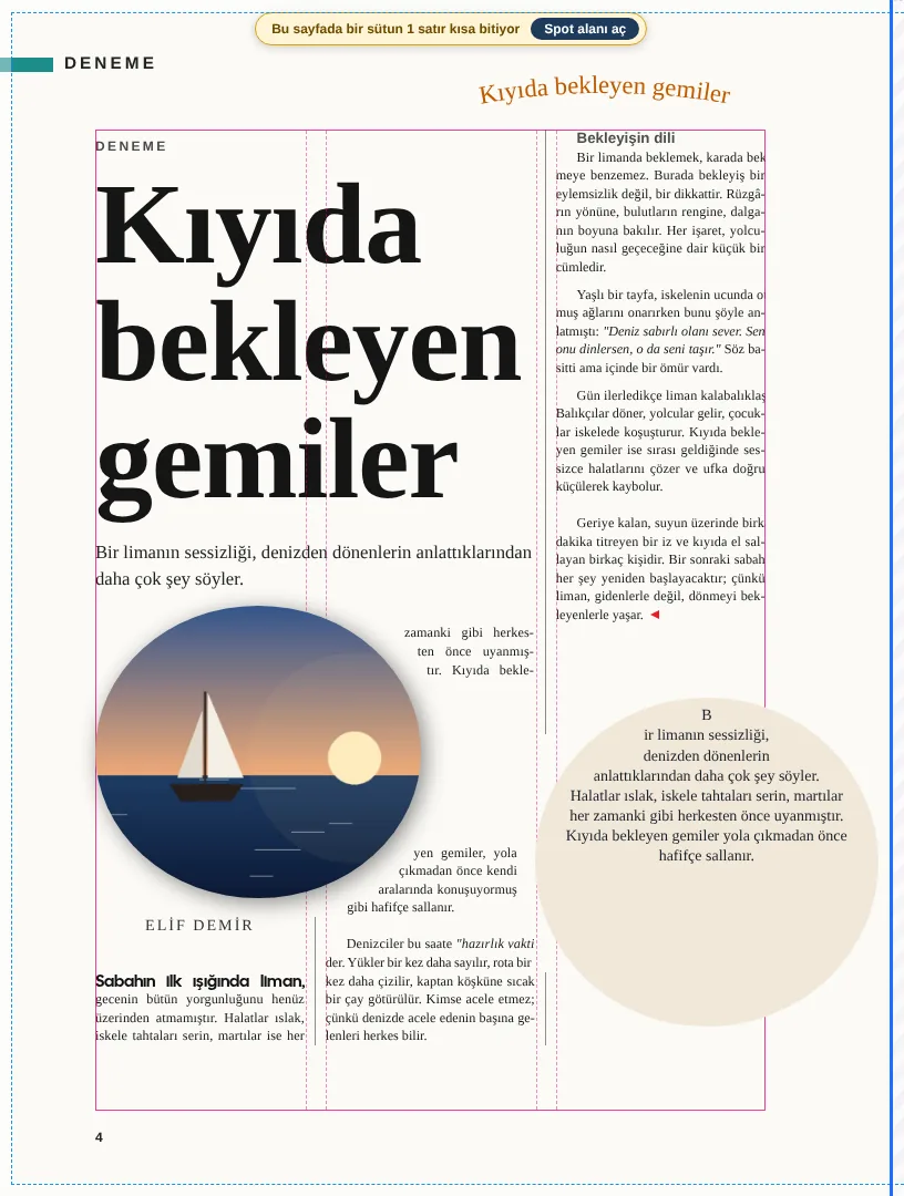 Daire resim alanı, elips metin alanı ve yol üzerinde metin; çevredeki yazı daireyi izler.