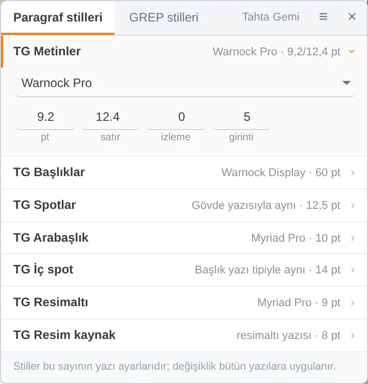 Paragraf stilleri: her metin türünün yazı tipi, puntosu, satır aralığı, izlemesi ve girintisi.