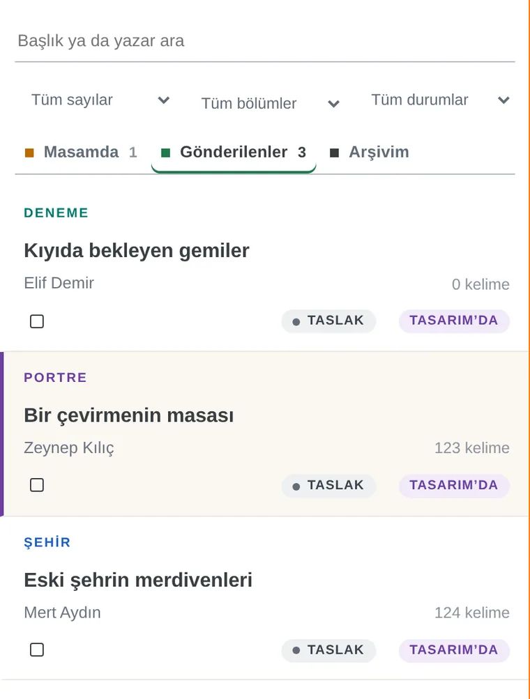 Yazı listesi: bölüm adı, başlık, yazar, kelime sayısı ve durum etiketleri.